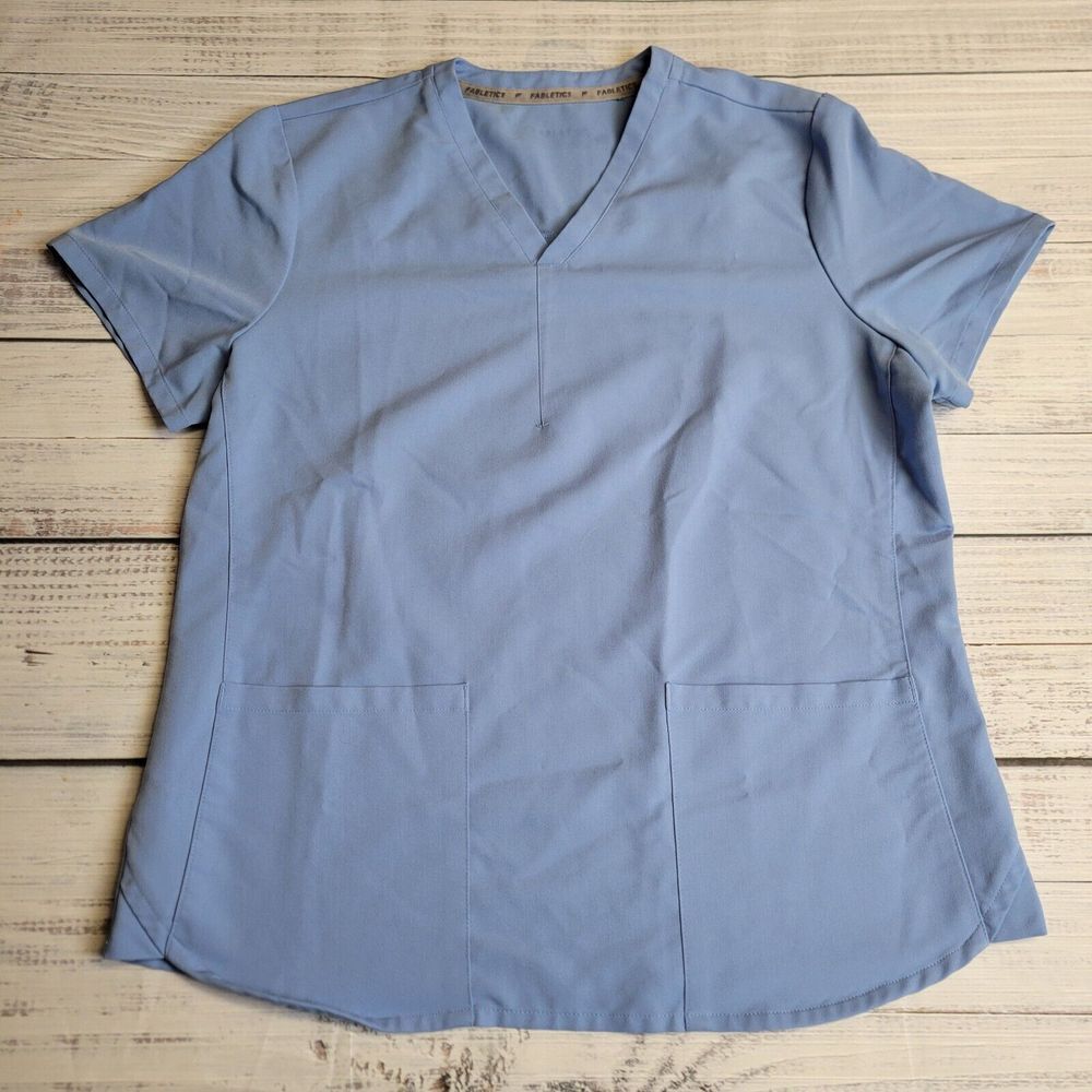Fabletics 2 Pocket Scrub‎ Top Womens Size Large Light Blue Stretch Poly Viscose